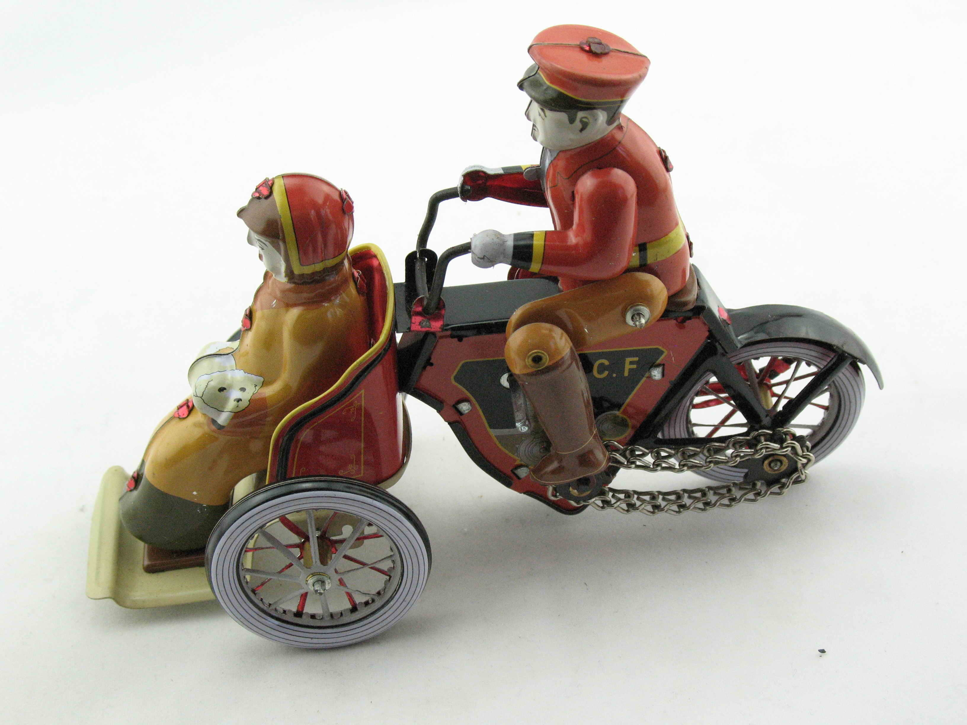 Blechspielzeug - Motorraddroschke, Mann und Frau