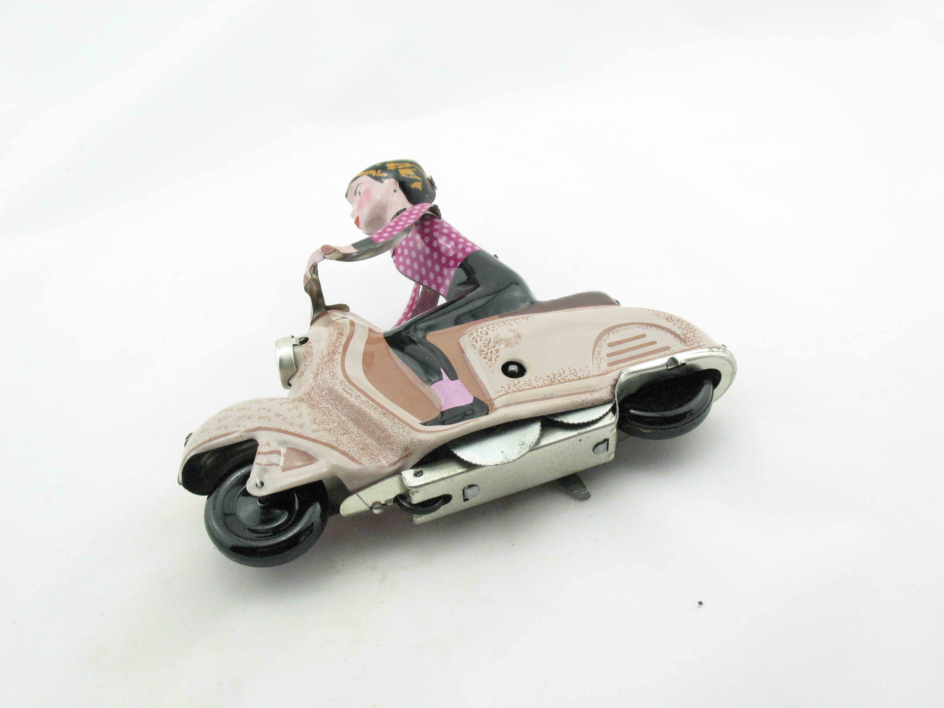 Blechspielzeug - Motorrad Scooter Girl auf Motorroller, braun-rosa