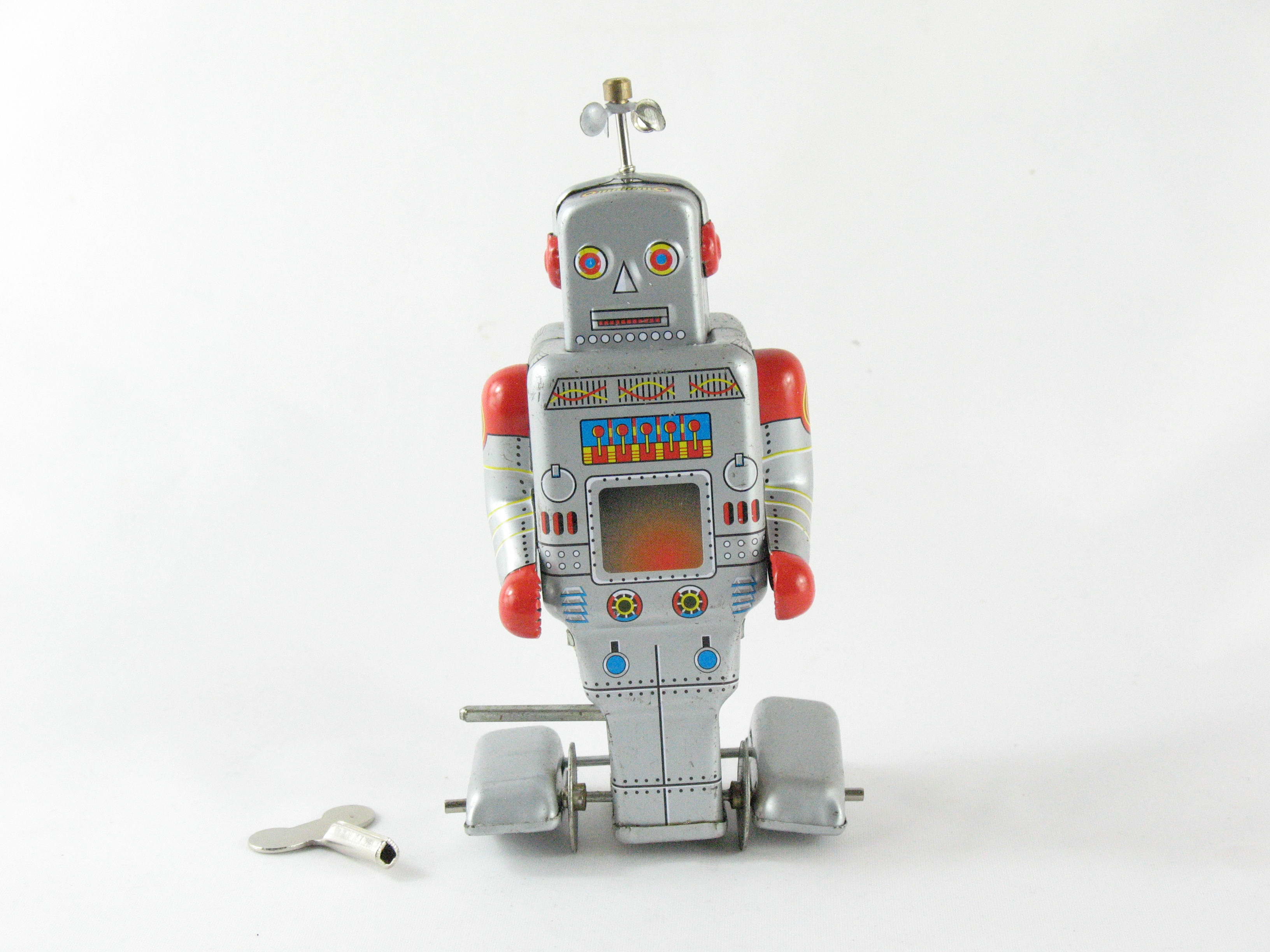 Blechspielzeug - Roboter auf Raupenfüßen, silber/rot